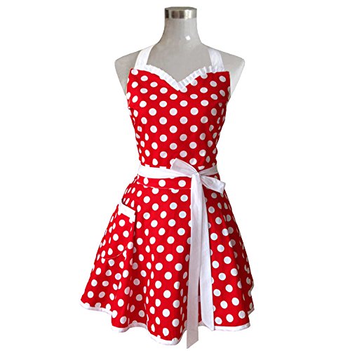 Product Cover Lovely Sweetheart Red Retro Kitchen Aprons Woman Girl Cotton Polka Dot Cooking Salon Pinafore Vintage Apron Dress Christmas