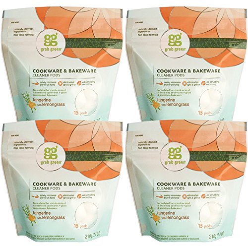 Product Cover Grab Green Natural Cookware & Bakeware Cleaner Pods, Tangerine + Lemongrass-With Essential Oils, 15 pods (4-Pack), Plant & Mineral-Based Ingredients