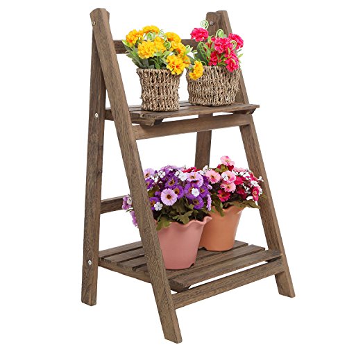 Product Cover MyGift Rustic Brown Wood Design 2 Tier Freestanding Foldable Shelf Rack/Decorative Planter Pot Display Stand