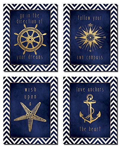 Product Cover Beautiful Gold and Blue Chevron Inspirational Nautical Prints; Four 8x10in Poster Prints