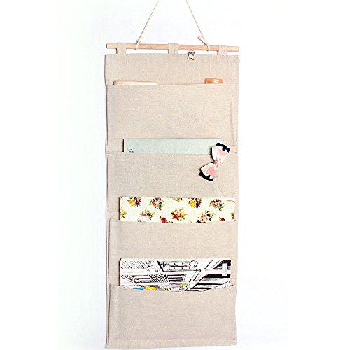 Product Cover Linen/Cotton Fabric Wall Door Cloth Hanging Storage Pockets Books Organizational Back to School Office Bedroom Kitchen Rectangle Home Organizer Gift (4 Pockets)