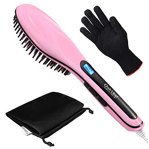Product Cover Hair straightening Brush, Oak Leaf Hair Straightener Brush Electric Heating Ceramic Comb, Pink, Working Temperature ranging 356-446℉