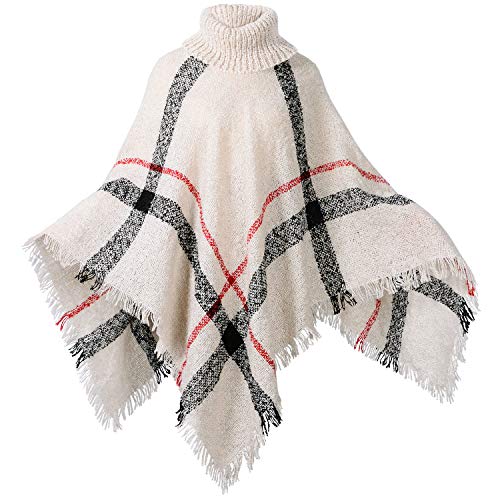 Product Cover HITOP Womens Dress Ponchos, Boho Loose Tassel Plaid Poncho Turtleneck Jumper Knit Oversized Pullover Sweater Tops for Women Beige