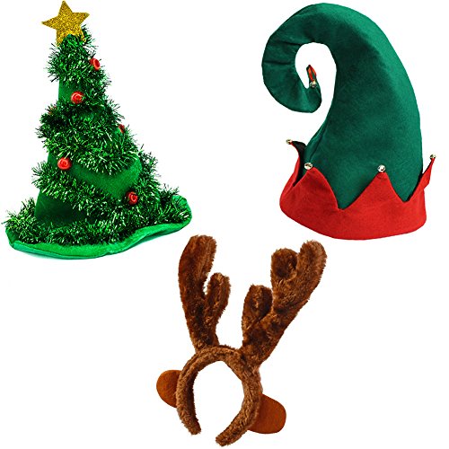 Product Cover Funny Party Hats Christmas Hat Props - Elf Costume - Reindeer Antler Headband - Christmas Tree Hat - 3 Pack Holiday Hats