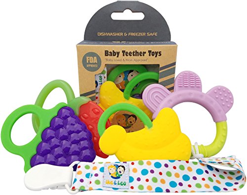Product Cover Ike & Leo Teething Toys| Baby Infant and Toddler with Pacifier Clip/Teether Holder | Best for Sore Gums Pain Relief | Eco Friendly BPA Free & Freezer Safe |Set of 4 Silicone Teethers (Assorted Fruits)