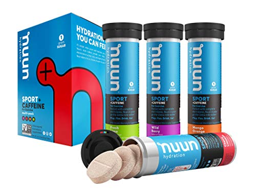 Product Cover Nuun Sport + Caffeine: Electrolyte Tablets, Effervescent Hydration Supplement with caffeine, Mixed-flavor, Box of 4 Tubes (40 servings), Sports Drink for Replenishment of Essential Electrolytes