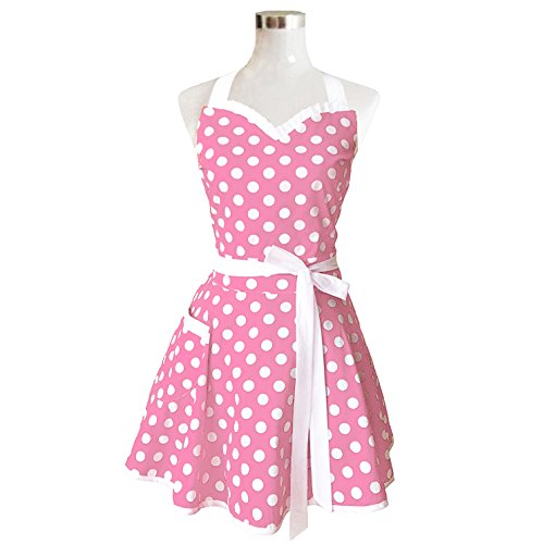 Product Cover Hyzrz Lovely Sweetheart Pink Retro Kitchen Aprons Woman Girl Cotton Polka Dot Cooking Salon Pinafore Vintage Apron Dress Christmas
