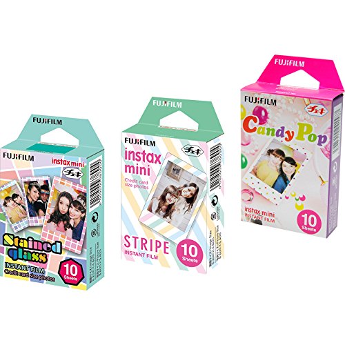 Product Cover Fujifilm Instax Mini Instant Film 3 Pack Bundle (30 Sheets) with Stained Glass, Candy Pop & Stripe Instant Film