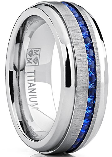 Product Cover Metal Masters Co. Men's Titanium Wedding Band Engagement Ring W/Blue Simulated Sapphire Cubic Zirconia Princess CZ 7