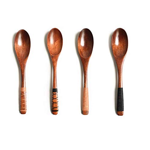 Product Cover AUCH 4Pcs Handmade Japanese Style Wooden Kids/Adult Soup Spoons Natural Wood Rice Serving Tableware Flatware Set with Tied Line on Handle(19.5cm)
