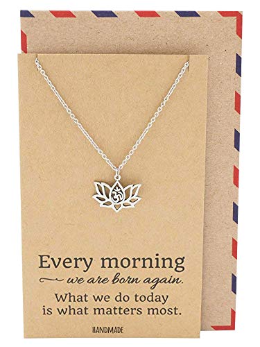 Product Cover Quan Jewelry Yoga Lotus Flower Pendant Necklace with Om Symbol, Happy Birthday Gifts Ideas for Mom, Daughter, Women with Inspirational Quote on Gift Card (Silver)
