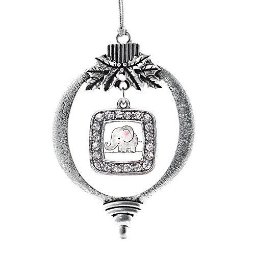 Product Cover Inspired Silver - Baby Elephant Charm Ornament - Silver Square Charm Holiday Ornaments with Cubic Zirconia Jewelry