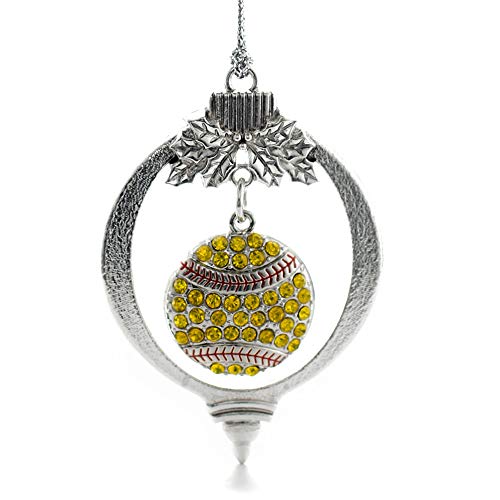 Product Cover Inspired Silver - Softball Charm Ornament - Silver Customized Charm Holiday Ornaments with Cubic Zirconia Jewelry