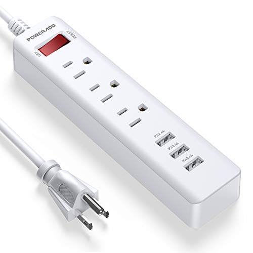 Product Cover POWERADD 3 Outlets Power Strip with 3 Fast USB Ports 5 Foot Heavy Duty Extension Cord with 2.4Ax3 USB Ports, 1625W/13A White