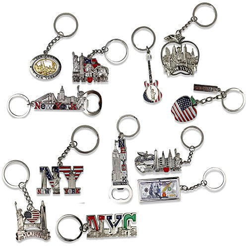 Product Cover 12 NYC Keychain Souvenir Collection - Includes Empire State, Freedom Tower, Statue Of Liberty, USA Flag, NY Cab, And More - Metal - Bonus Race Day Car