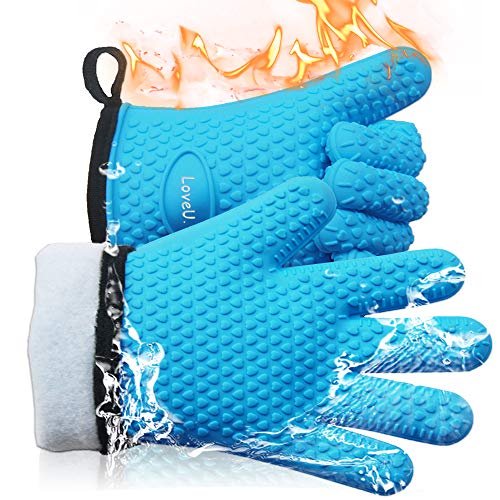 Product Cover LoveU. Oven Mitts - Silicone and Cotton Double-layer Heat Resistant Gloves / Silicone Gloves / Oven Gloves / BBQ Gloves - Perfect for Baking and Grilling - 1 Pair