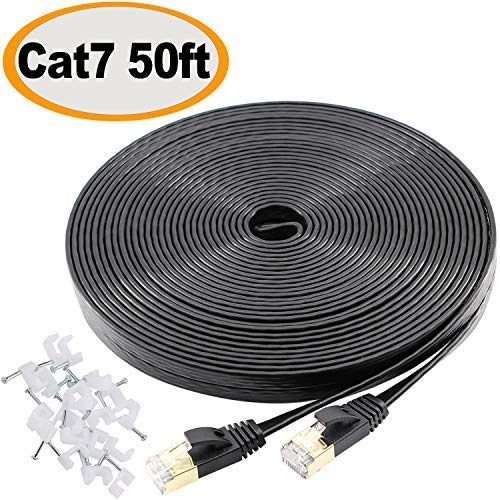 Product Cover Cat 7 Ethernet Cable 50 ft Shielded, Durable Flat Internet Lan Computer patch cord, faster than Cat5e/cat6, High Speed Cat7 RJ45 Solid Network Wire for Router, Modem, Xbox, PS4, Camera, Hubs - Black