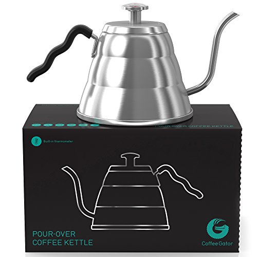 Product Cover Gooseneck Kettle - Coffee Gator Pour Over Kettle - Precision-Flow Spout and Thermometer - Barista-Standard Hand Drip Tea and Coffee Kettle for Induction and all Stovetops - 34oz