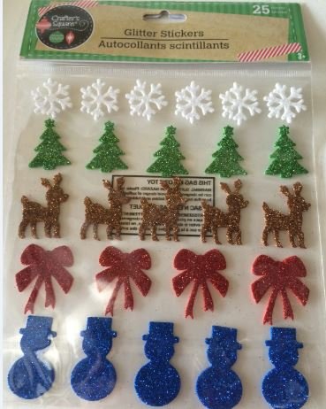 Product Cover Crafter's Square Colorful Dimensional Reindeer Tree Red Ribbon Snowman Snowflake Embellishment Glitter Scrapbook Stickers, 25 Count