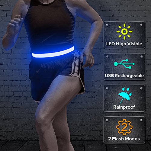 Product Cover BSEEN LED Running Belt, USB Rechargeable Reflective Elastic Waistband, Adjustable Light up Sports Belt Suit for Men, Women& Kids, Super Bright Safety Gear for Running, Cycling, Jogging, Hiking (Blue)