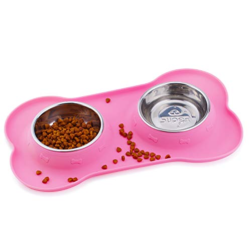 Product Cover Super Design Stainless Steel Water Food Bowls in Non-Skid & No Spill Silicone Mat,for Small Dogs or Cats, Small, Pink