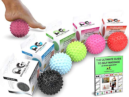 Product Cover Physix Gear Sport Massage Balls - Best Spiky Ball Roller for Plantar Fasciitis Trigger Points Neck & Back Pain Relief - Deep Tissue Rehab Reflexology Acupressure - Reach Areas Foam Rollers Can't (PNK)