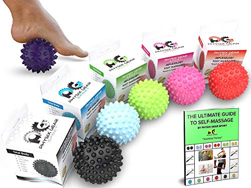 Product Cover Physix Gear Sport Massage Balls - Best Spiky Ball Roller for Plantar Fasciitis Trigger Points Neck & Back Pain Relief - Deep Tissue Rehab Reflexology Acupressure - Reach Areas Foam Rollers Can't(PURP)