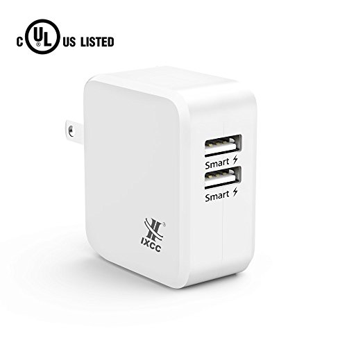 Product Cover iXCC UL Certified 2 Port Wall Charger, 24W/4.8A Optimal Dual USB Charging Port Universal Charger Adapter for iPhone 7 / 6s Plus, iPad Air Mini 3, Galaxy S Note Series, LG, etc - White