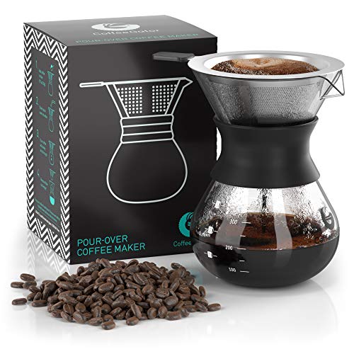 Product Cover Pour Over Coffee Dripper - Coffee Gator Paperless Pour Over Coffee Maker - Stainless Steel Filter and BPA-Free Glass Carafe - Flavor Unlocking Hand Drip Brewer - 10.5oz - Black