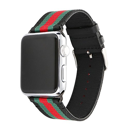 Product Cover HUANLONG Compatible with Apple Watch Band, Nylon with Genuine Leather Sport Replacement Strap Wrist Band with Metal Adapter Clasp - 42mm- Red/Green/Black
