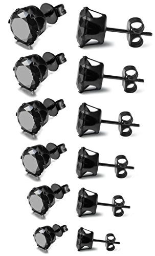 Product Cover FIBO STEEL Stainless Steel Mens Womens Stud Earrings Black Round Cubic Zirconia Inlaid, 6 Pairs 3mm-8mm