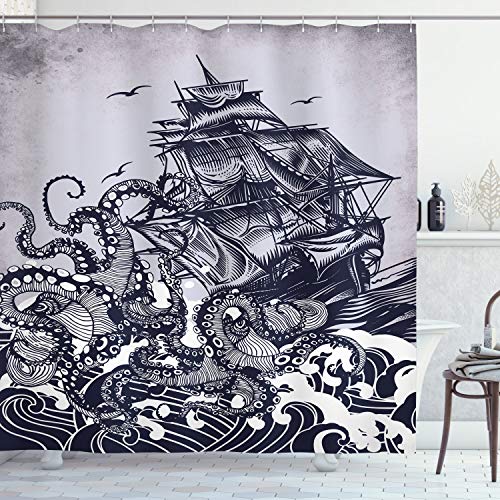 Product Cover Ambesonne Nautical Shower Curtain, Kraken Octopus Tentacles with Ship Sail Old Boat in Ocean Waves, Cloth Fabric Bathroom Decor Set with Hooks, 70
