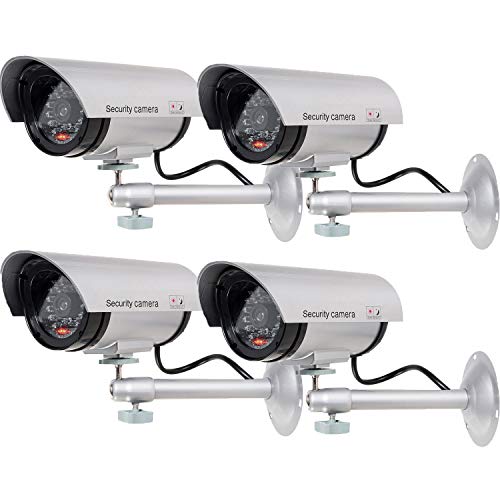 Product Cover WALI Bullet Dummy Fake Surveillance Security CCTV Dome Camera Indoor Outdoor with 1 LED Light, Warning Security Alert Sticker Decals (TC-S4), 4 Packs, Silver