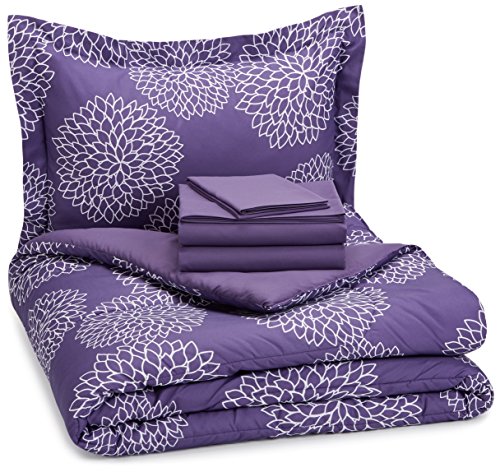 Product Cover AmazonBasics 5-Piece Light-Weight Microfiber Bed-In-A-Bag Comforter Bedding Set - Twin or Twin XL, Purple Floral
