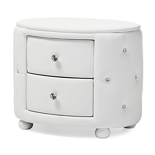 Product Cover Baxton Studio Davina Hollywood Glamour Style Oval 2-Drawer Faux Leather Upholstered Nightstand, Medium, White