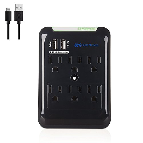 Product Cover Cable Matters 6 Outlet Wall Mount Surge Protector with USB Charging in Black (Updated Version with Dimmed LED Light)