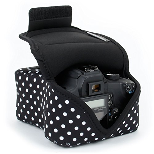 Product Cover USA GEAR DSLR Camera Sleeve Case (Polka Dot) with Neoprene Protection , Holster Belt Loop and Accessory Storage - Compatible With Nikon D3400, Canon EOS Rebel SL2, Pentax K-70 and More