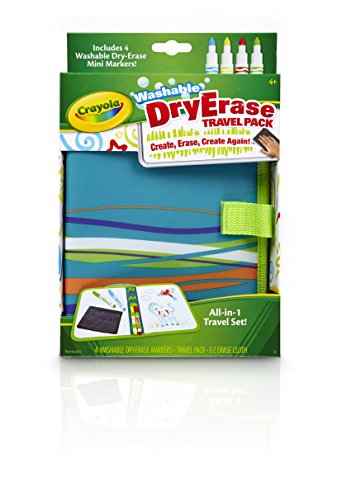 Product Cover Crayola Washable Dry-Erase Travel Pack, All-in-One Travel Set Art Gift for Kids 4 & Up, Travel Folio with 2 Drawing Surfaces, 4 Dry Erase Pip-Squeak Markers in Classic Colors & E-Z Erase Cloth