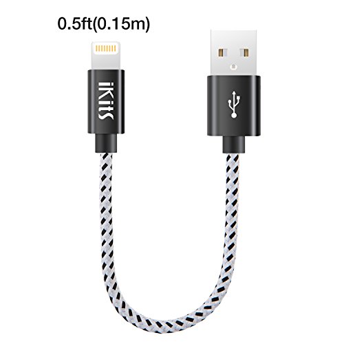 Product Cover iKits Lightning to USB Cable Data Sync Short 8 Pin Cable for iPhone 6S iPhone 6,iPhone 5/5S/5C, Metal Plug & Mixed Color Cotton Jacket, 0.5ft / 6inches Short Cable