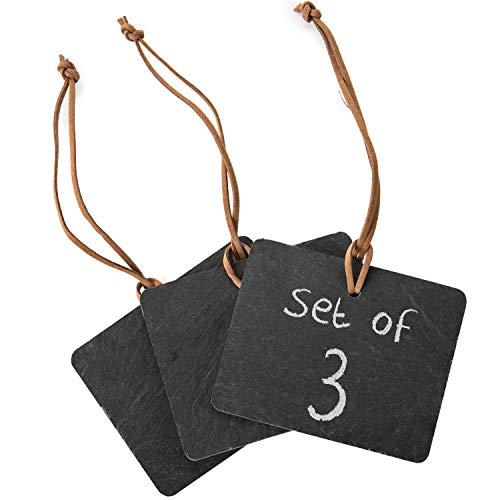 Product Cover MyGift Set of 3 Black Slate Hanging Chalkboard Tags w/Leather Rope/Erasable Write On Wine Bottle Label Signs