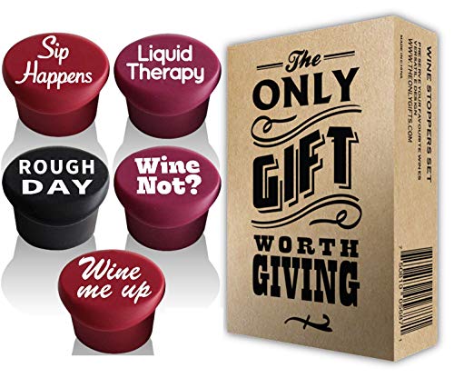Product Cover 5 Wine Stoppers + Gift Box - Perfect Wine Gift Accessory, Set of 5 Funny Silicone Wine Reusable Caps Stoppers for Wine and Beer Bottles - Vinaka Wine Stoppers