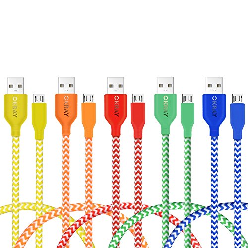 Product Cover Short Micro USB Cable, OKRAY 1ft Nylon Braided 2.0 Sync Charging Cord USB Charger Compatible for Android, Samsung S7, Nexus, LG, HTC, Sony, Charging Station (5 Pack, Red Green Blue Orange Yellow)