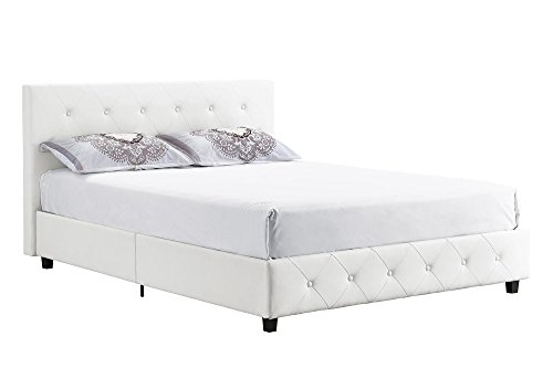 Product Cover DHP Dakota Upholstered Faux Leather Platform Bed with Wooden Slat Support and Tufted Headboard and Footboard, Queen Size - White
