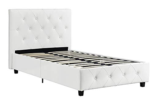 Product Cover DHP Dakota Upholstered Faux Leather Platform Bed with Wooden Slat Support and Tufted Headboard and Footboard, Twin Size - White