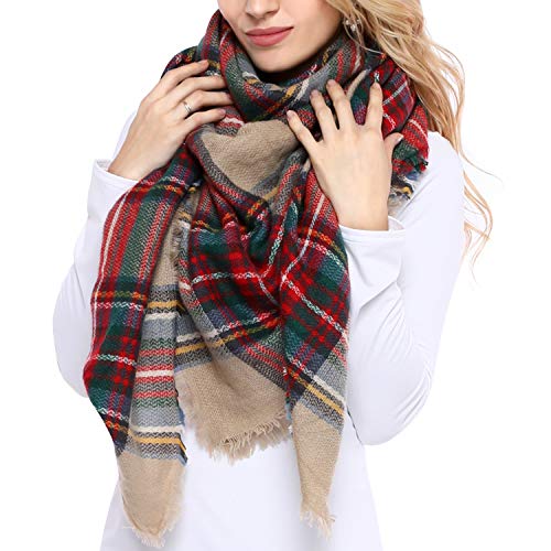 Product Cover Bess Bridal Women's Plaid Blanket Winter Scarf Warm Cozy Tartan Wrap Oversized Shawl Cape (One Size, Camel)