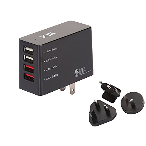 Product Cover iKits (CB/ETL) 4-Port USB Wall Charger Multi Port Charger with Universal Travel adapter UK EU AU, 2Port 1A+ 2 Port 2.4A Smart IC Technology for Compatible with Samsung, iPhone, iPad, Moto & more Black