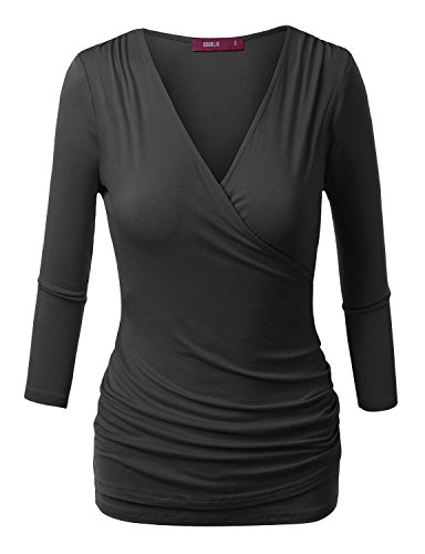 Product Cover DOUBLJU 3/4 Sleeve Fitted Deep V-Neck Surplice Tops for Women with Plus Size