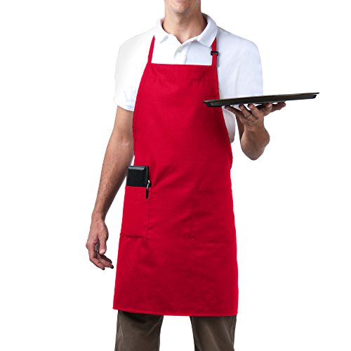 Product Cover Bib Aprons-MHF Brand-1 Piece-new Spun Poly-Commercial Restaurant Kitchen- Adjustable-Full length-3 Pockets (Red)