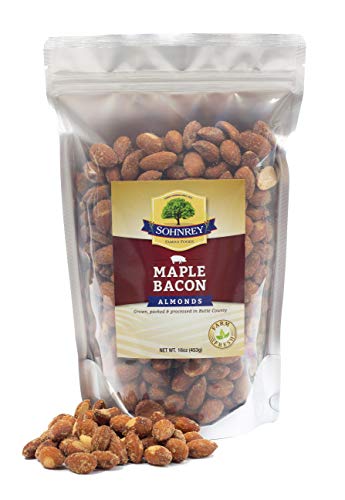 Product Cover Maple Bacon Roasted Almonds Sweet Savory Smoked Snack Nuts Steam Pasteurized from the Sohnrey Family Farm 16 oz Resealable Pouch