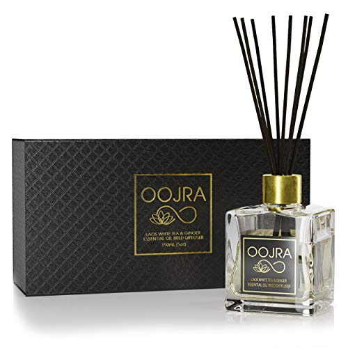 Product Cover OOJRA Reed Diffuser Gift Set, Natural Essential Oil Long Lasting Fragrance 5 oz; Aromatherapy Air Freshener; Laos White Tea and Ginger (+Other Scent Options Available) w/Glass Bottle & Rattan Reeds